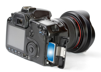 Modern digital camera with memory card.
