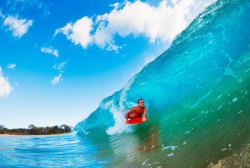 Boogie Boarder in the Barrel Riding Blue Ocean Wave