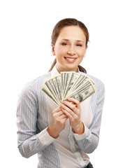 A young woman holding money, isolated on white