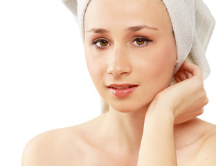 Closeup portrait of young beautiful woman after bath