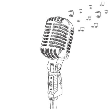hand drawn vector microphone with note. isolated