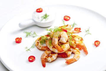 grilled prawns with dip of garlic, chilli and dill