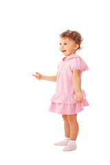 Cute girl with curly blonde hair smilling and looking , isolated