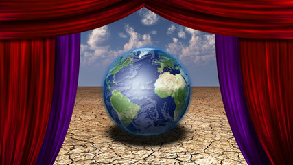 World Stage Earth in desert veiwed through open curtains Earth i