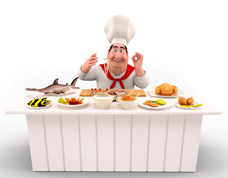 Chef with meat and fish on table