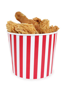 Fried chicken in big red white stripes bucket box