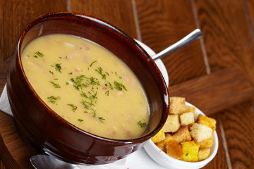 Chicken creamy soup with croutons