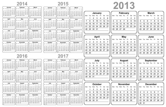 Calendar 2013, 2014, 2015, 2016, 2017