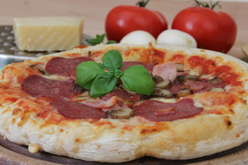 Pizza mit Salami und Pilzen