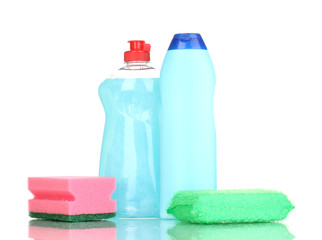 Dishwashing liquids and sponge isolated on white