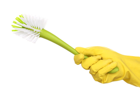 Cleaning brush for toilet in hand isolated on white