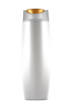 Plastic bottle of skin care product on white background