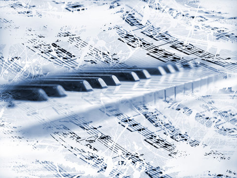 Teclas de piano con notas musicales