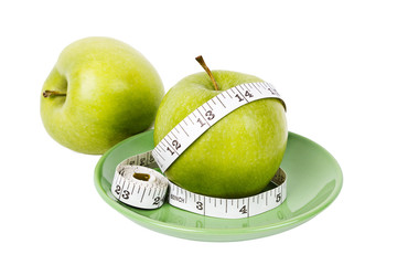 Green apples with measuring tape on green plate