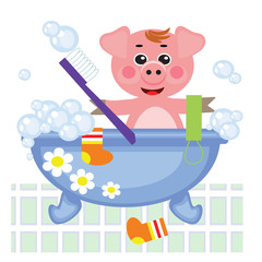 Piggy  showering in bath , vector.