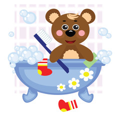 Ours en peluche se doucher dans le bain, vecteur.