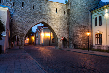 Old city wall at night
