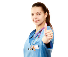 A female doctor shows a sign okay isolated on white background
