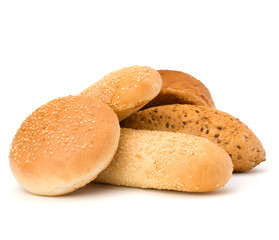 Bread loafs and buns variety isolated on white background