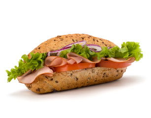 fast food baguette sandwich with lettuce, tomato, ham and chees
