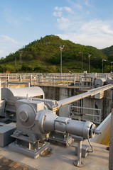 Floodgate mechanism at water reservoir.