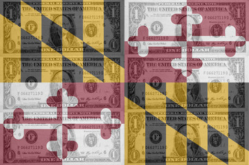 US state of maryland flag with transparent dollar banknotes in b