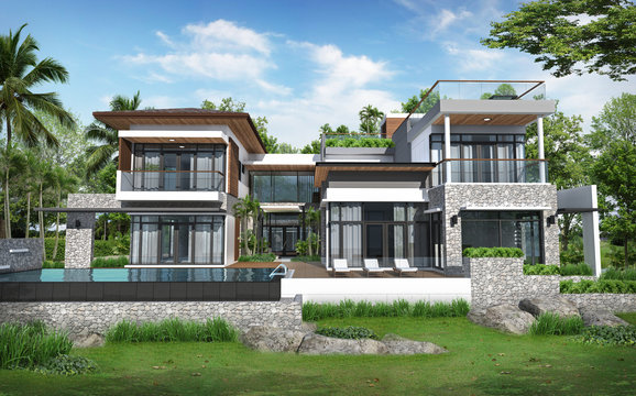 3D elevation render of building tropical modern pool house