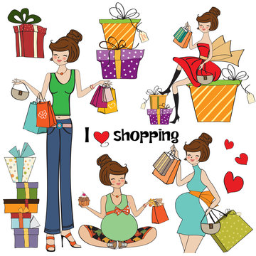 girls at shopping items set on white background