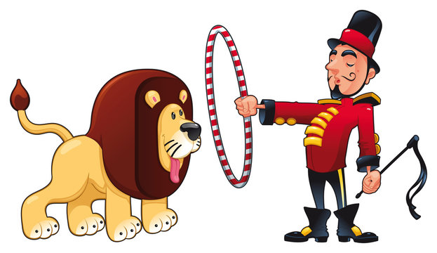 Lion Tamer with lion. Vector circus illustration.