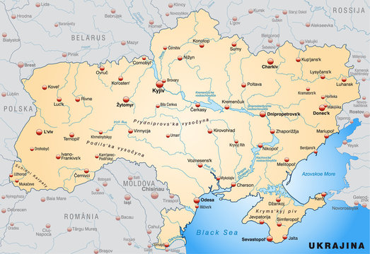 Landkarte der Ukraine mit Hauptst&auml;dten