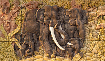 Elephant carved temple door in the countries of Thailand