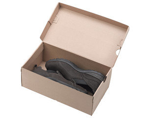 Pair of brown leather shoes in a box.