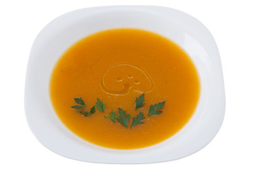 pumpkin soup with parsley in white plate