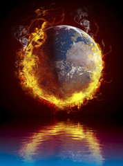 Obraz na płótnie Canvas Globalna koncepcja ocieplenia. Planeta Ziemia pieczenie nad wodą refleksja