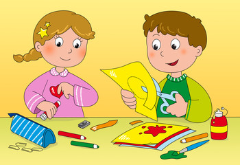 Fototapeta na wymiar Dzieci bawiące się na papier, nożyczki, klej i pędzle.