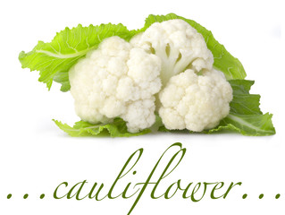 cauliflower and green leaf on white background