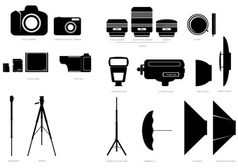 Abstract vector silhouettes of photographic accessories