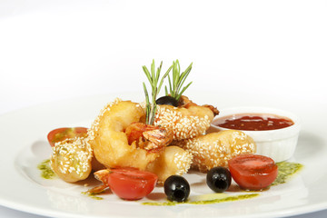 Battered tiger prawns