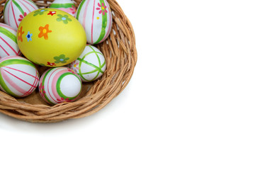 Easter eggs in a basket from top corner