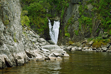 Waterfall Kishte at Lake Teletskoye. Altai Mountains