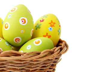 Easter eggs in a basket from left corner