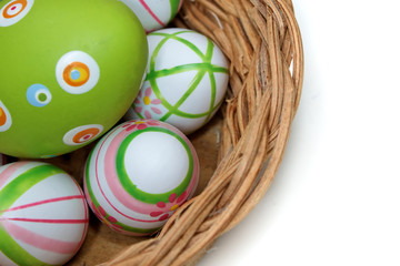 Easter eggs in a basket from corner