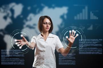 Businesswoman touching fingerprint scanner