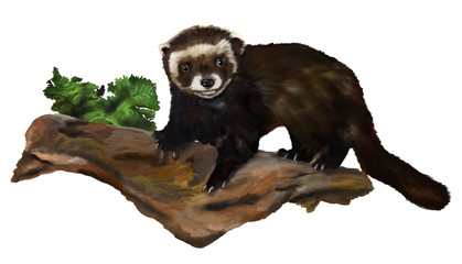 Brown ferret standing on the trunk on a white background