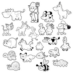 Fototapeta premium Farm animal family. Isolated black white characters.