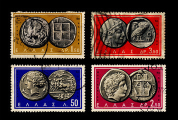 Ancient Greek coins on stamps