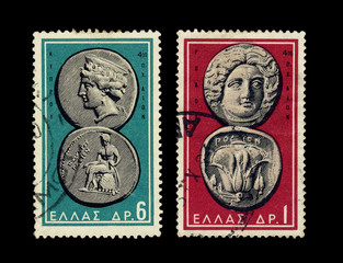 Ancient coins of Greece on stamps