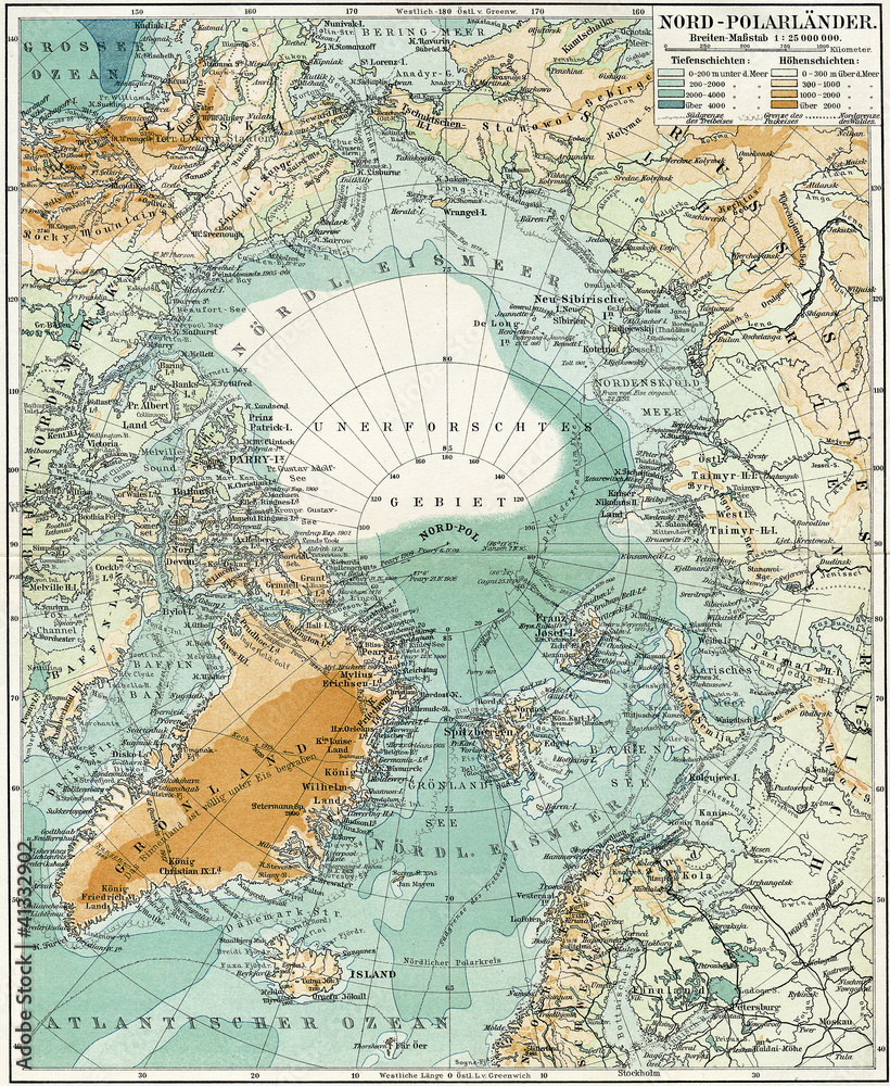 Wall mural north pole. map of the ocean, islands and land around it.