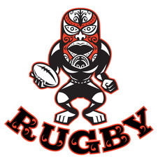 Maori Mask Rugby Player Standing with Ball
