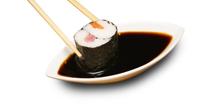 Salmon Maki sushi in white background